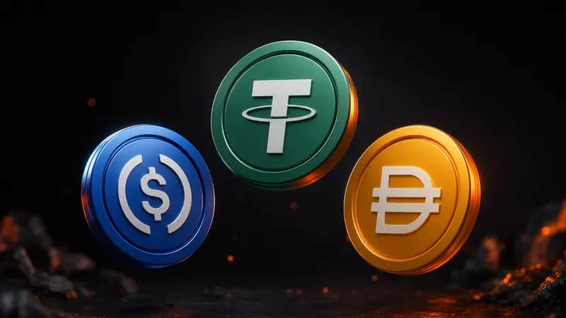 3D-рендер стейблкоинов USDC, USDT и DAI